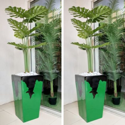 Tapered Fiberglass Planter with Artificial Monstera Plant