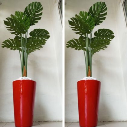 Wide Cylinder Fiberglass Vase Potted with Artificial Monstera Plant