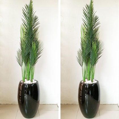 Artificial Five Stems Palm Potted With Classic Fiberglass Vase