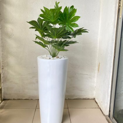 Cone Fiberglass vase Potted with Artificial Japan Fatsia Plant | Height:130cm