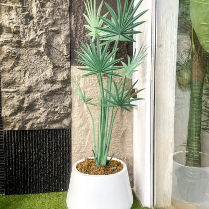 Half Deluxe Fiberglass Vase Potted With Artificial Palm Plants