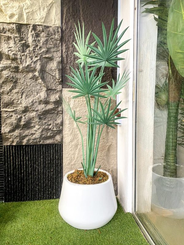 Half Deluxe Fiberglass Vase Potted With Artificial Palm Plants