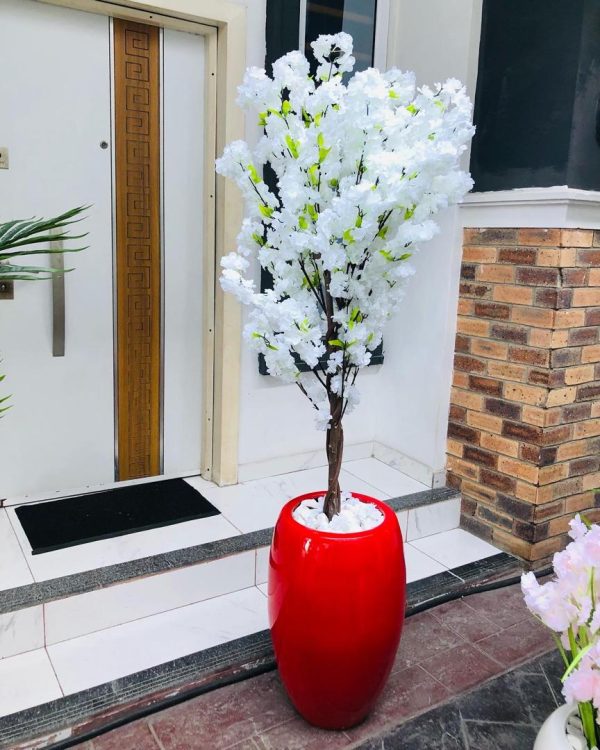 Classic Fiberglass Vase Potted With Artificial Cherry Blossom Tree