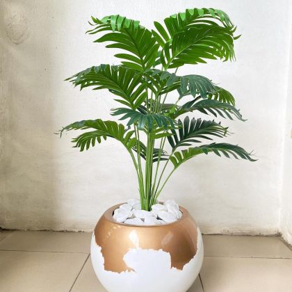 Round Ball Fiberglass Vase Potted With Artificial Small Palm