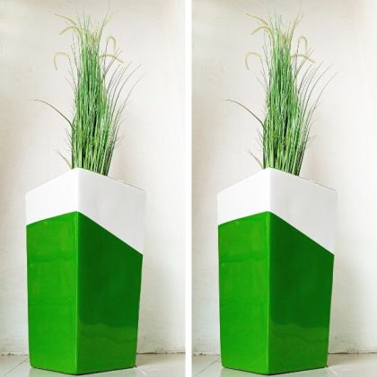 Tapered Fiberglas Vase Potted With Artificial Grass Plant