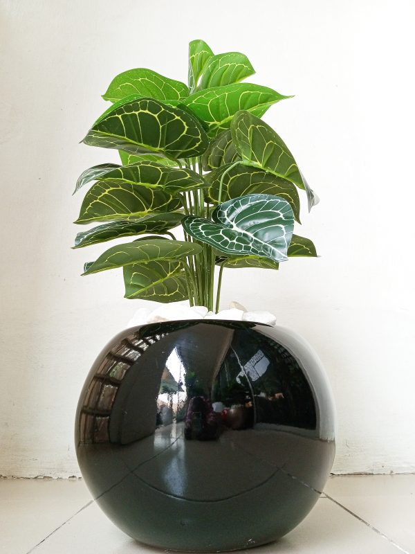 Artificial White Taro Plant Potted With Round Ball Fiberglass Vase