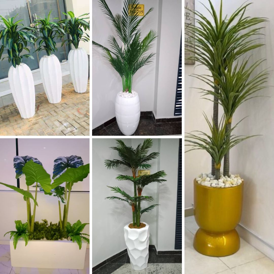 artificial plants paired with stylish fiberglass pots