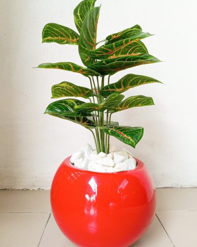 Potted Mini Taro Artificial Plant With a Red Ball Shape Fiberglass Pot - 75cm