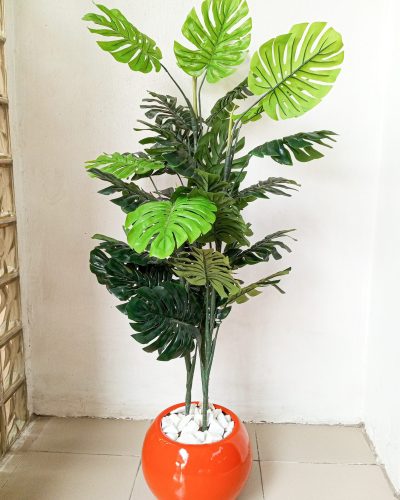Artificial Potted Monstera Plants With an Orange Ball Shape Fiberglass Pot - 145cm
