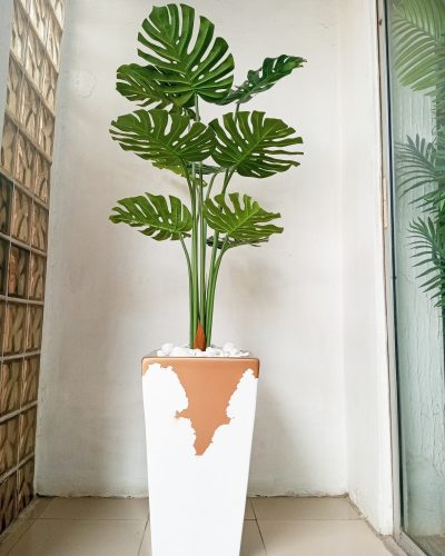 Monstera Artificial Plant Potted with a Tapered Gold and White Fiberglass Vase - Height 175cm