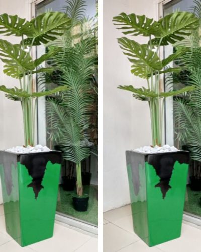 Tapered Fiberglass Planter with Artificial Monstera Plant