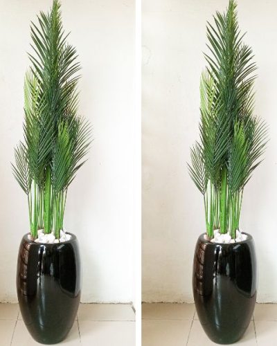 Artificial Five Stems Palm Potted With Classic Fiberglass Vase