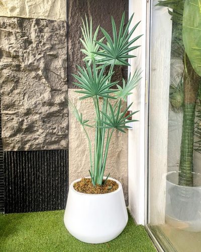 Half Deluxe Fiberglass Vase Potted With Artificial Palm Plants