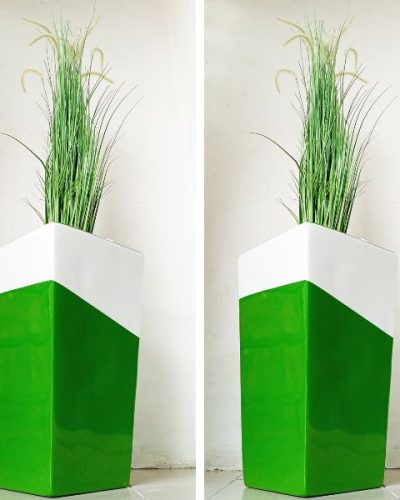 Tapered Fiberglas Vase Potted With Artificial Grass Plant